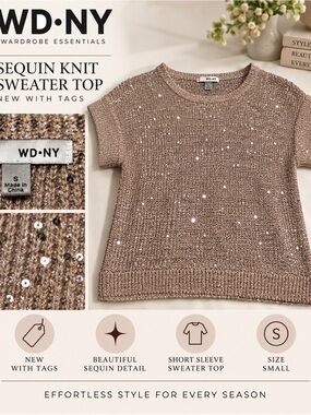 WD.NY Women’s Short Sleeve Sequin Knit Sweater Top - Taupe Size Small